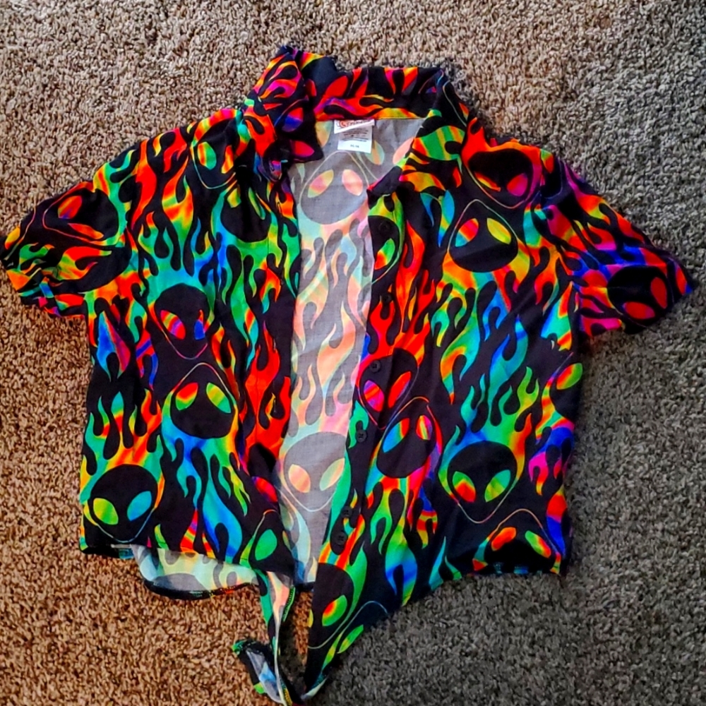 Rainbow alien flame tie front crop top
